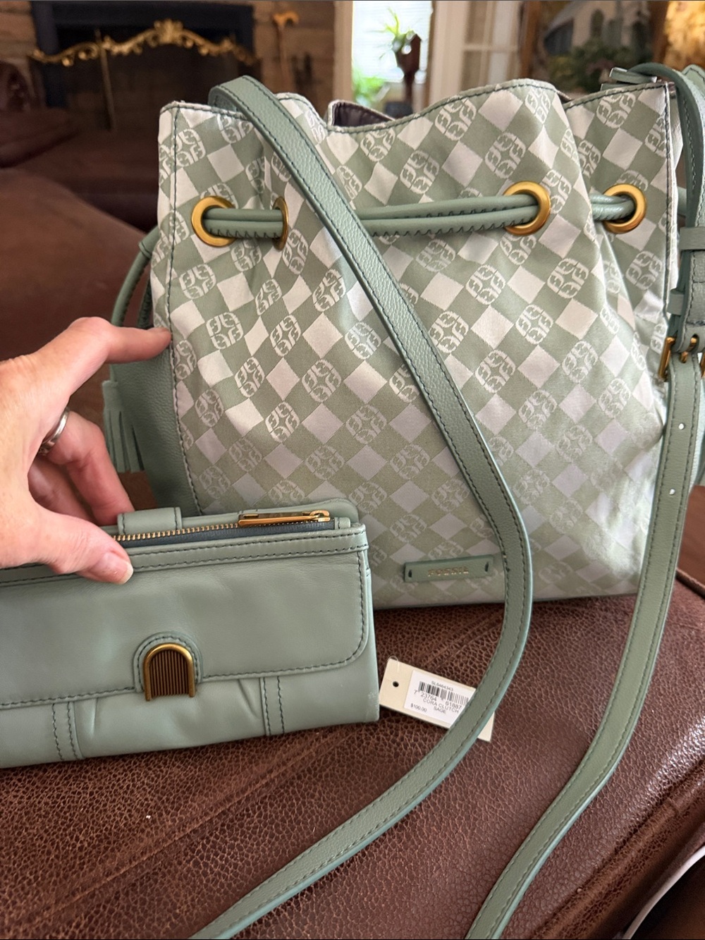 Fossil Mint Green Bucket Bag with new Matching Wallet